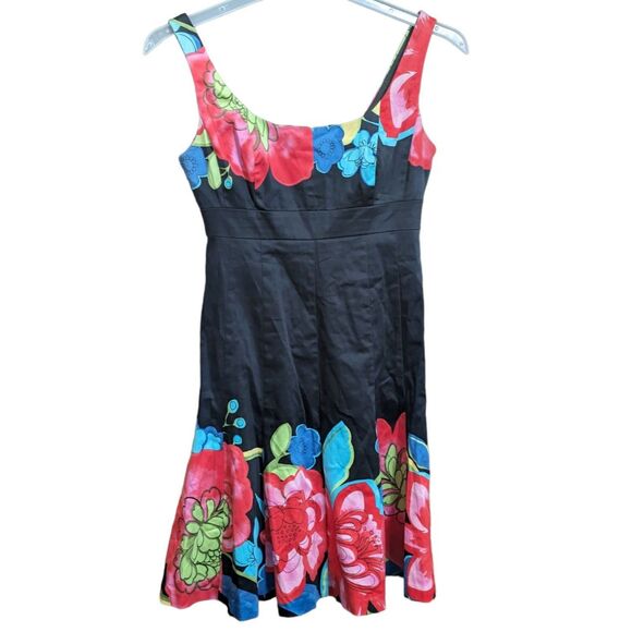 Nine West Floral Fit & Flare Dress 6P Black Red Blue Cotton Cottagecore Coquette - Picture 1 of 5
